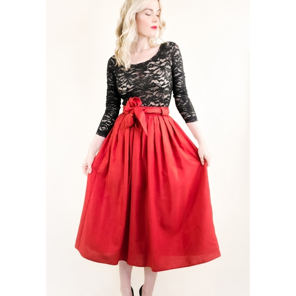 Vintage Dresses & Skirts - 80s Red Tie Front High Waist Vintage Midi Skirt